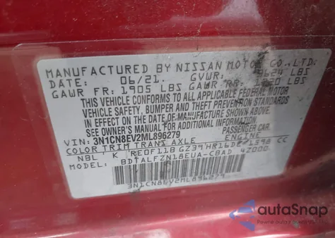 2021 Nissan Versa Sv Xtronic Cvt z USA, uszkodzony, nr VIN 3N1CN8EV2ML896279